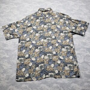 UBC Hawaiian Shirt Mens Large Blue Brown Checked Palm Tree Print Short Sleeve